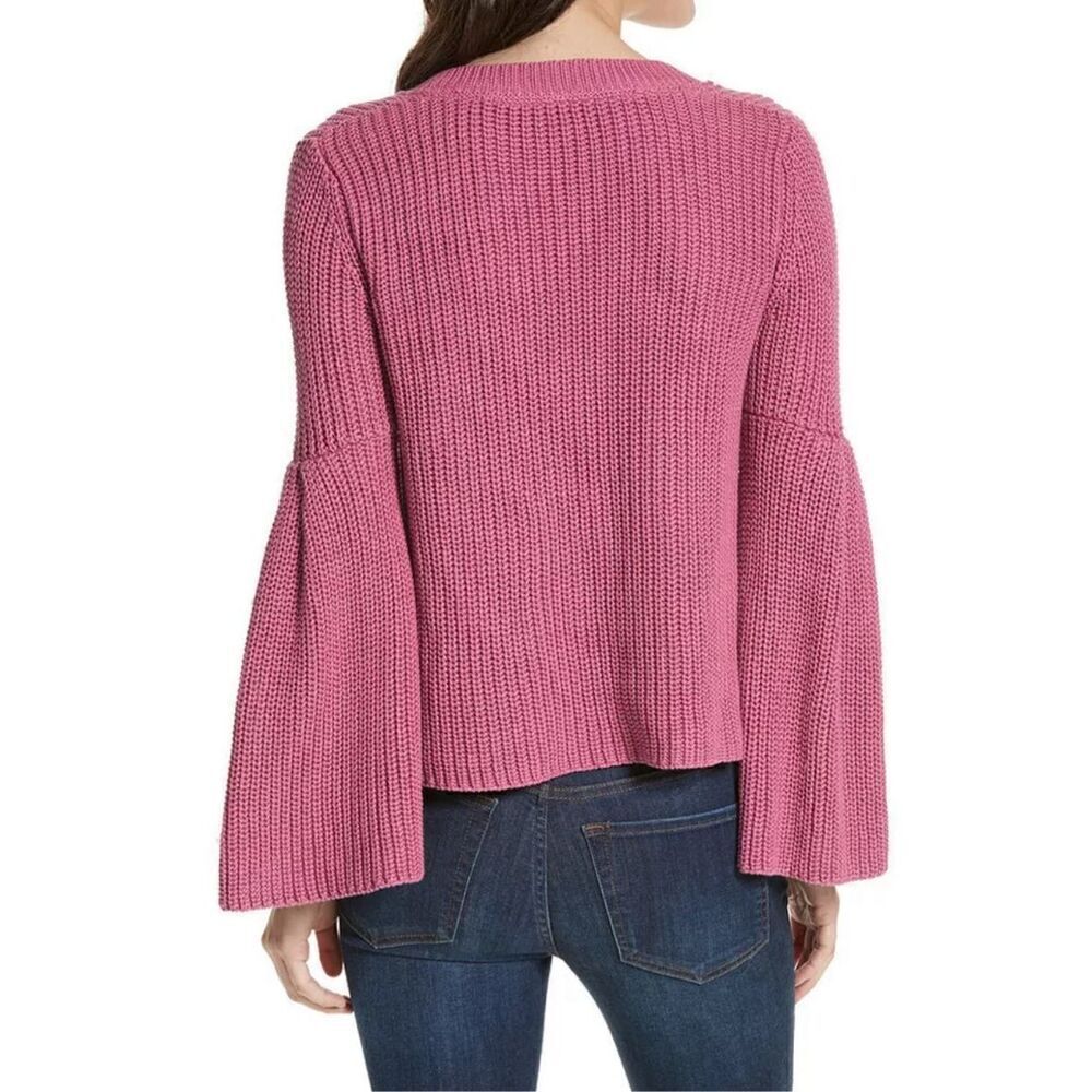 FREE PEOPLE Rose Pink Damsel Bell Sleeve Cotton V-neck Sweater M - Picture 2 of 11